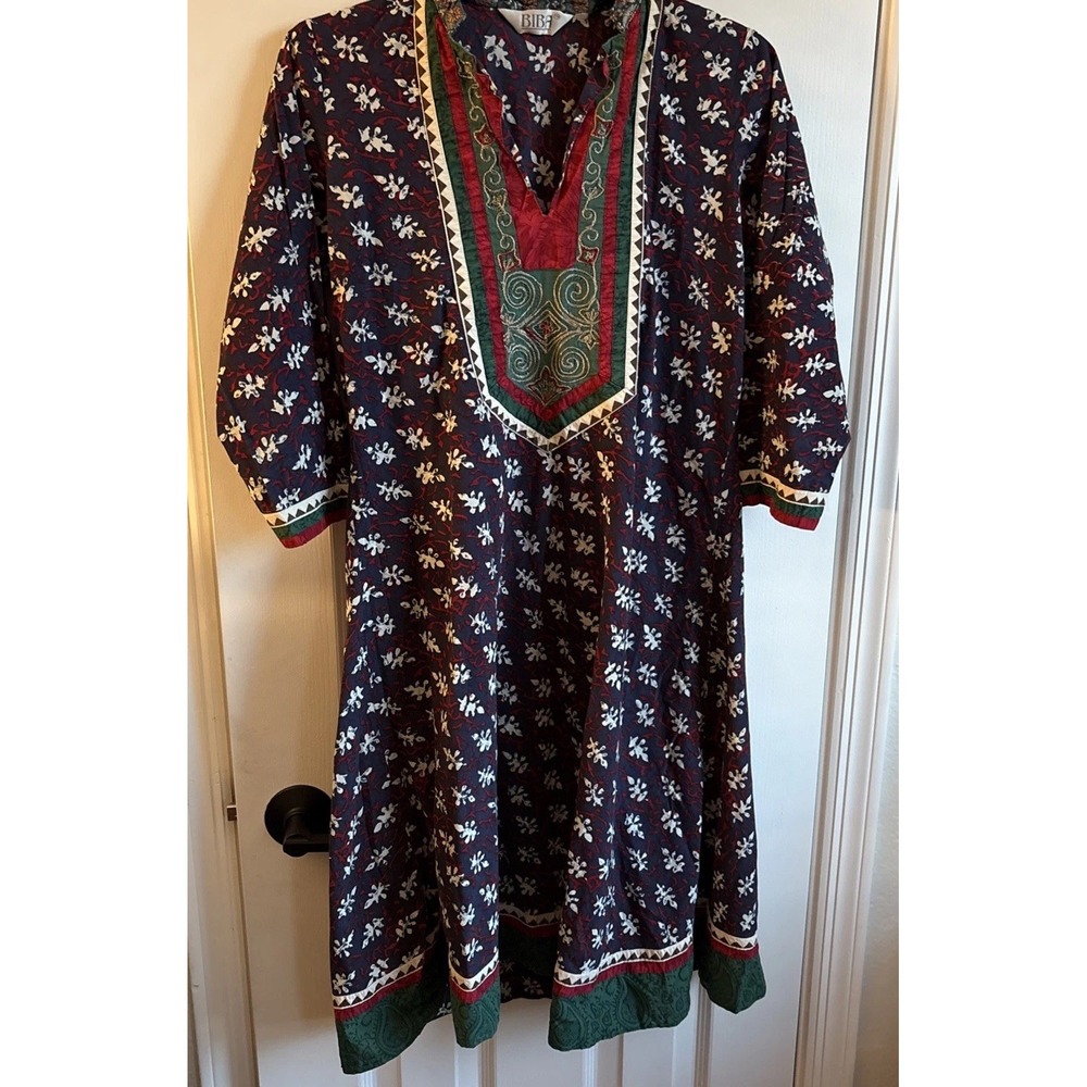 Biba‎ Vintage Tunic Mini Dress 70s Blue Yellow 3/4 Sleeve
